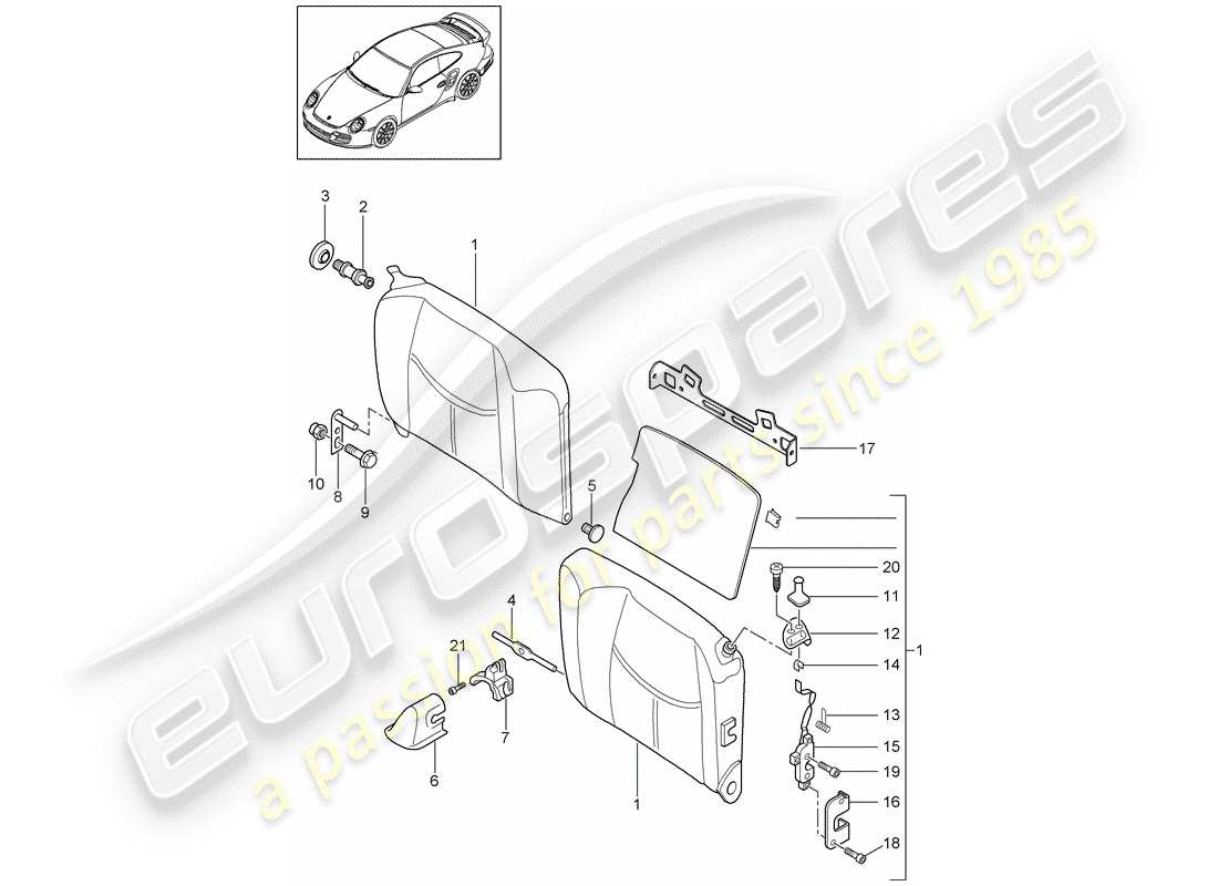 porsche 2011 (997-2 turbo / gt2 rs) emergency seat backrest parts diagram