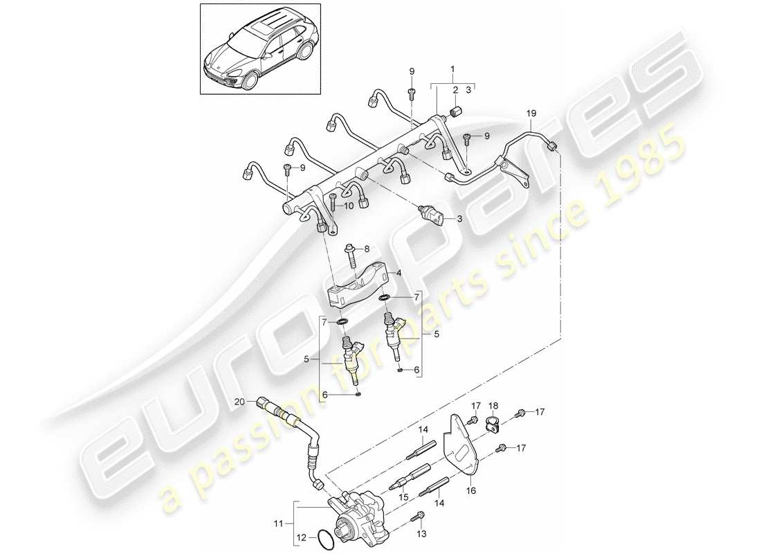 porsche 2016 (cayenne e2 92a) fuel collection pipe high-pressure injector high pressure pump part diagram
