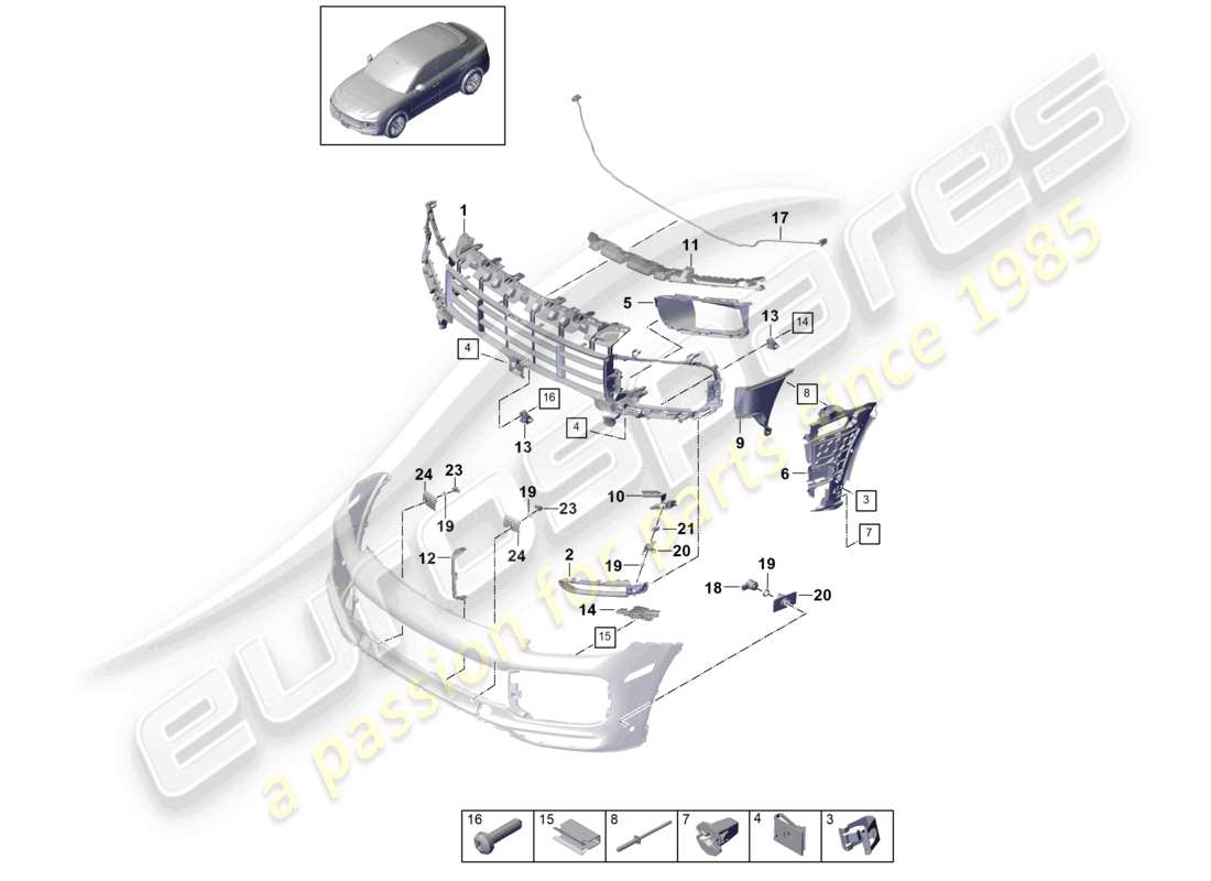 porsche 2018 (cayenne e3 9ya/9yb) bumper front coupe turbo gt individual parts and fasteners parts diagram