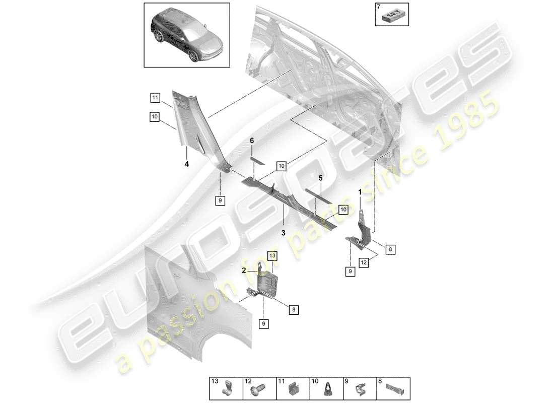 porsche 2018 (cayenne e3 9ya/9yb) sill trim strip lower trim inner parts diagram