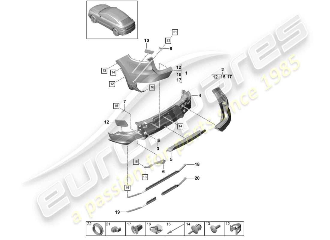 porsche 2020 (cayenne e3 9ya/9yb) bumper rear coupe sport design package (carbon version) part diagram