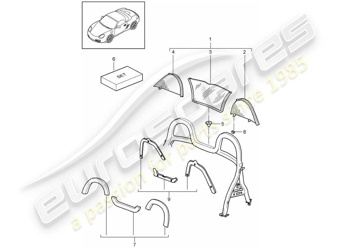 porsche 2012 (987 boxster) windbreak and trims roll bar parts diagram