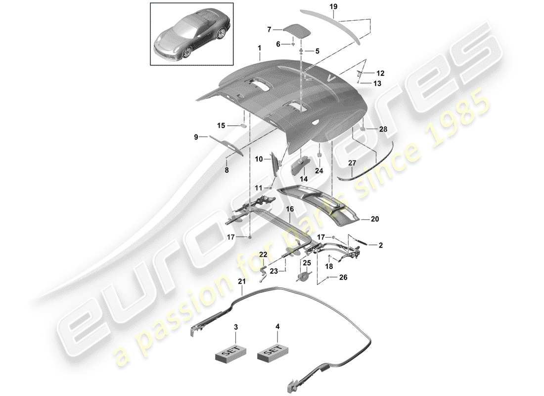 porsche 991r/gt3/rs (2019) cover for top stowage box parts diagram