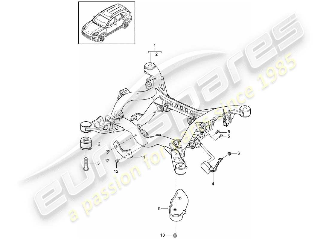 porsche 2017 (cayenne e2 92a) rear axle suspension sub-frame headlight range control adaptive suspension stone chip guard d - mj 2015>> part diagram