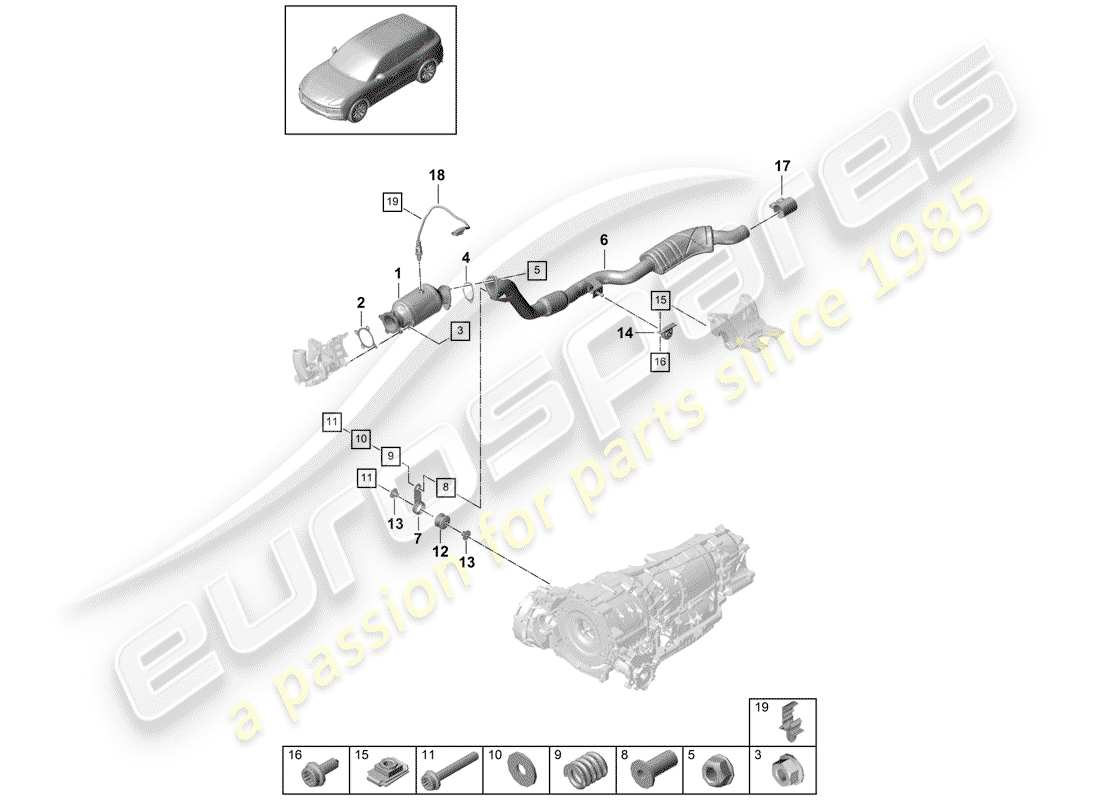 porsche 2019 (cayenne e3 9ya/9yb) exhaust system catalytic converter exhaust pipe with front silencer lambda probe parts diagram