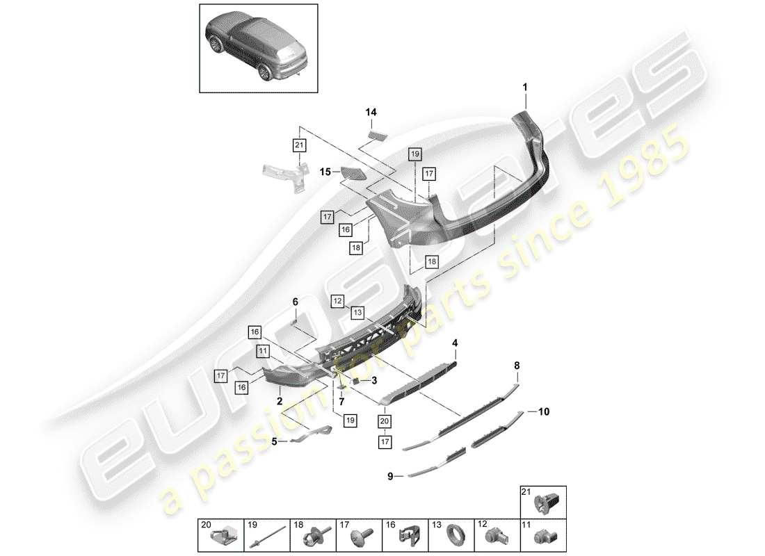 porsche 2018 (cayenne e3 9ya/9yb) bumper rear sport design package carbon effect parts diagram