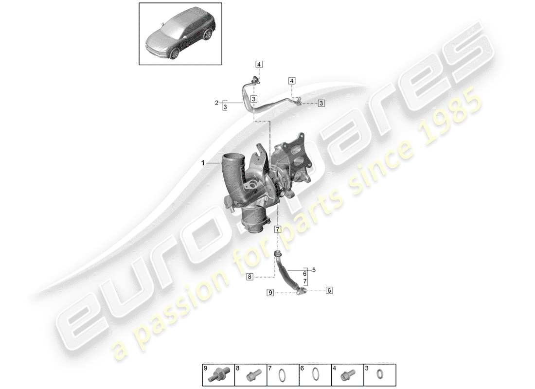 porsche 2019 (cayenne e3 9ya/9yb) oil pressure line for engine oil cooling exhaust gas turbocharger parts diagram