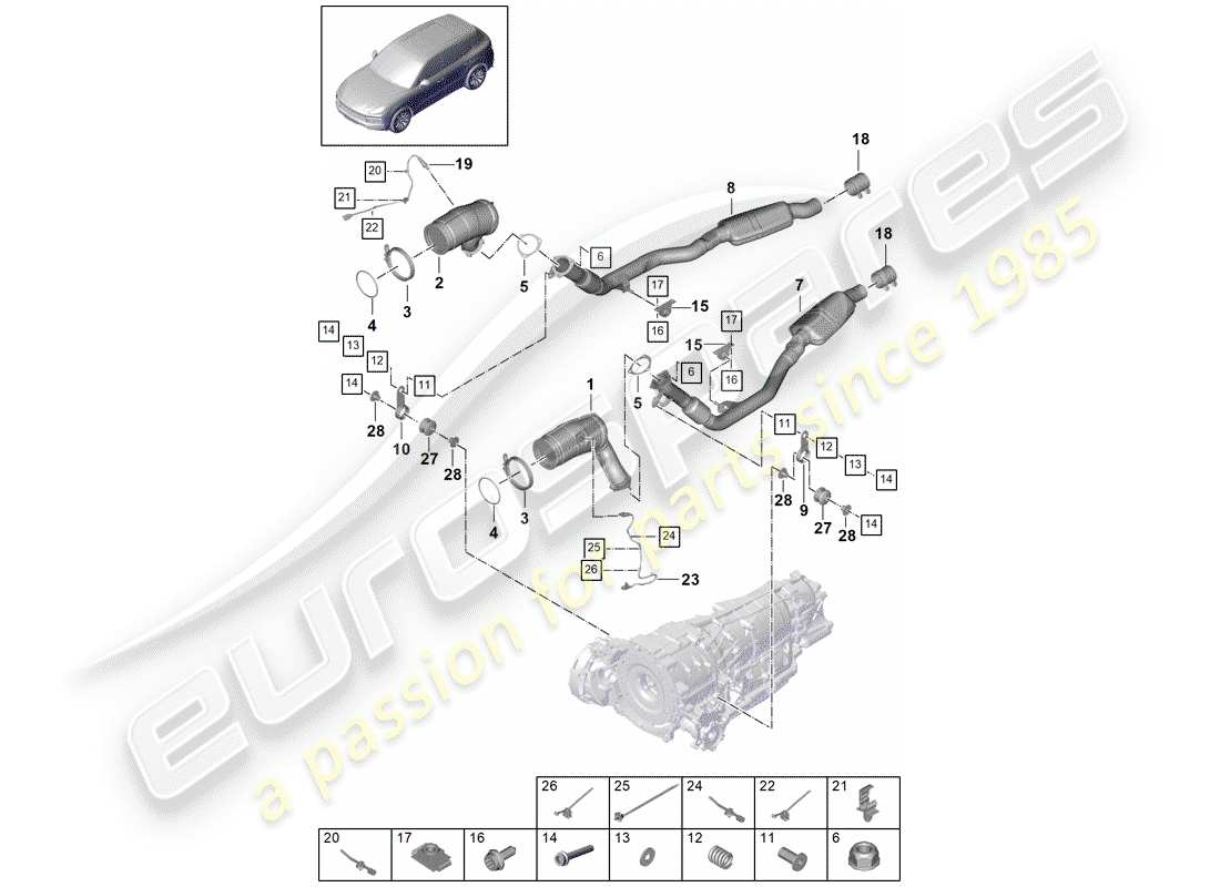 porsche 2019 (cayenne e3 9ya/9yb) exhaust system catalytic converter lambda probe catalytic converter parts diagram