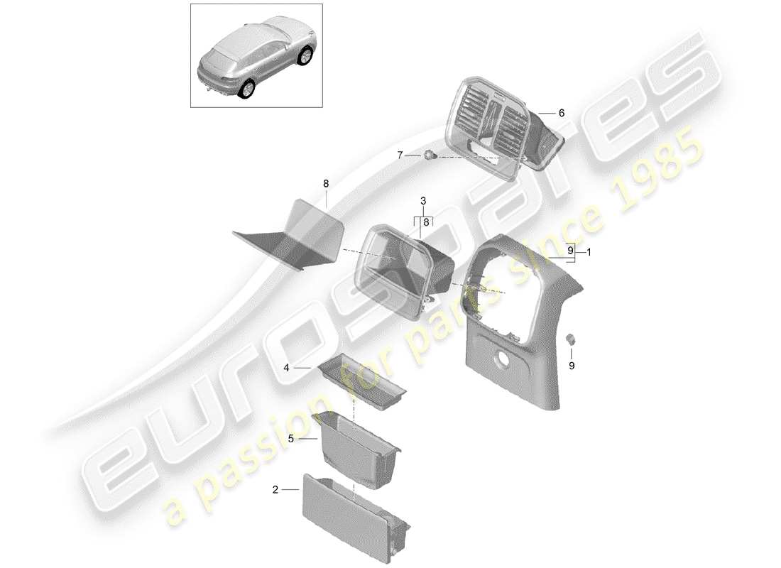 porsche 2014 (macan) centre console rear accessories parts diagram