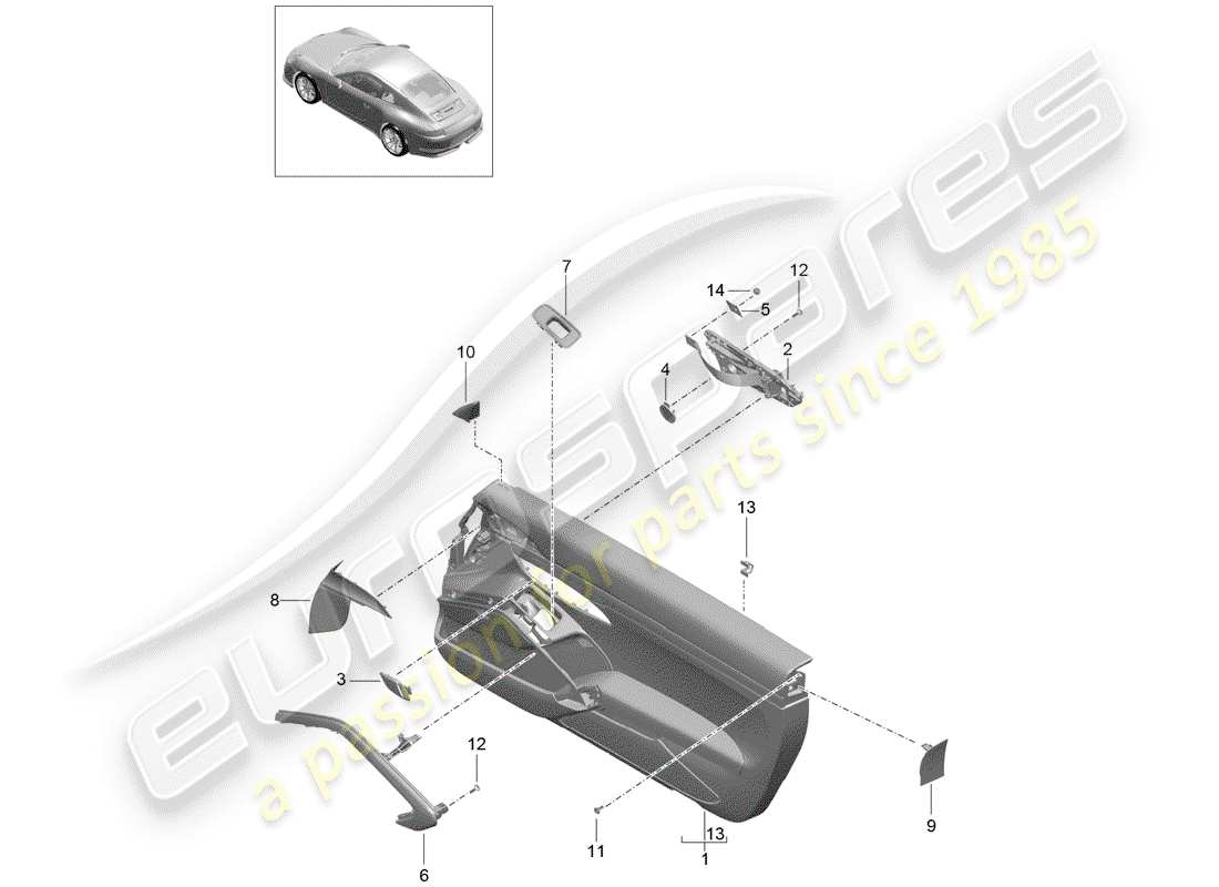 porsche 2014 (991-1 r/gt3/rs) door panel accessories leather 911 r part diagram