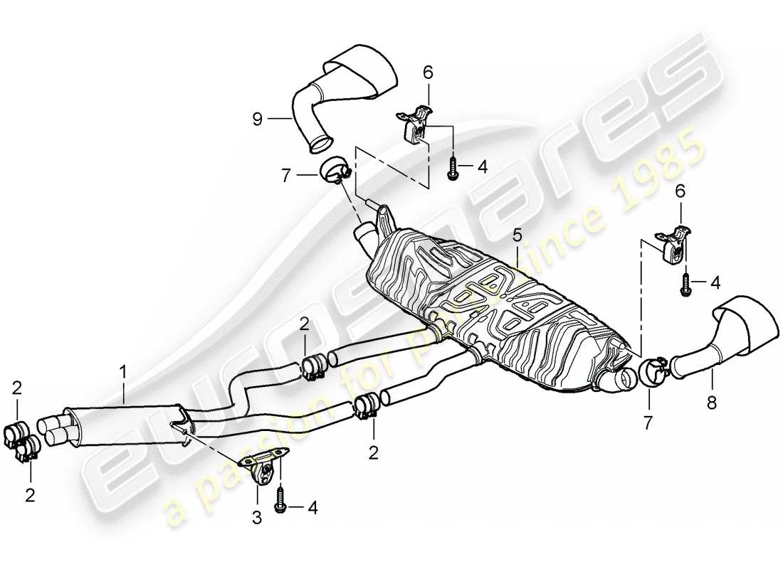 porsche 2007 (cayenne e1 9pa) exhaust system front silencer rear silencer tailpipe part diagram