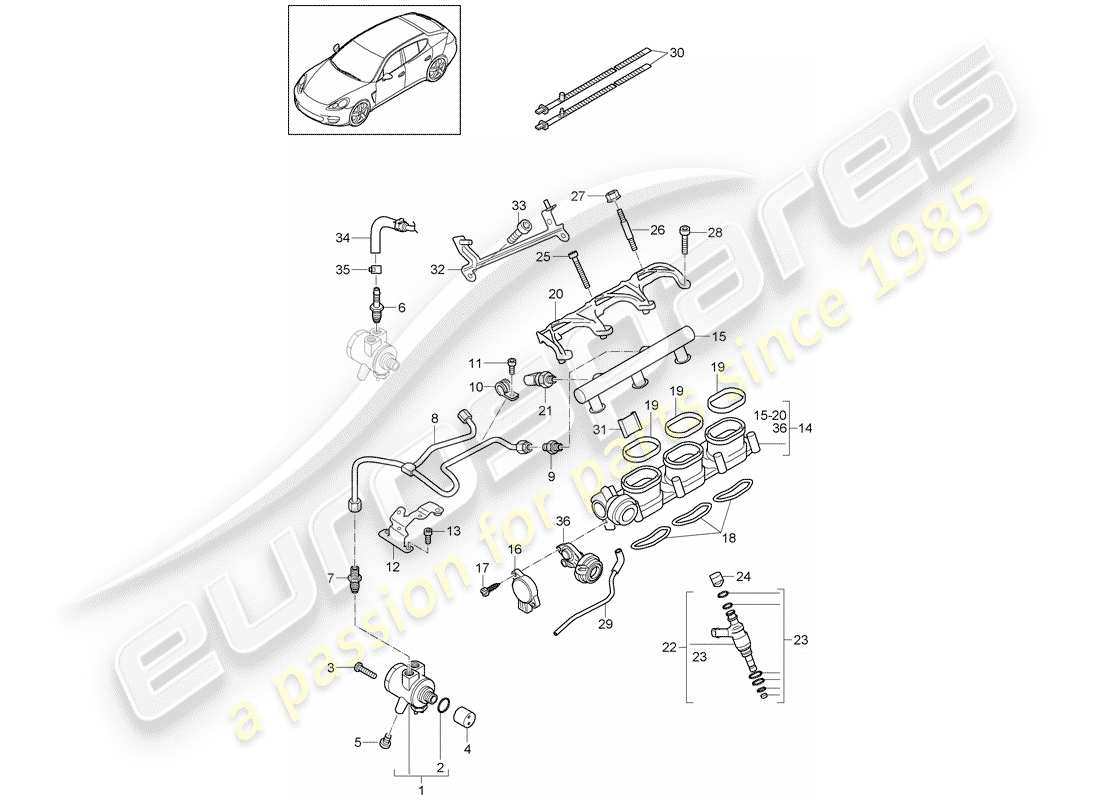 porsche 2010 (panamera 970) fuel collection pipe high-pressure injector high pressure pump part diagram