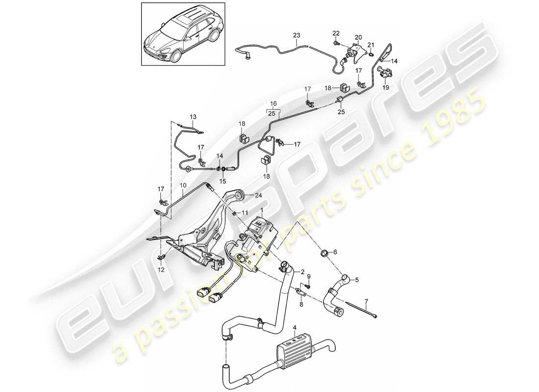 porsche 2018 (cayenne e2 92a) auxiliary heater fuel system and silencer bracket see illustration: 813-085 part diagram