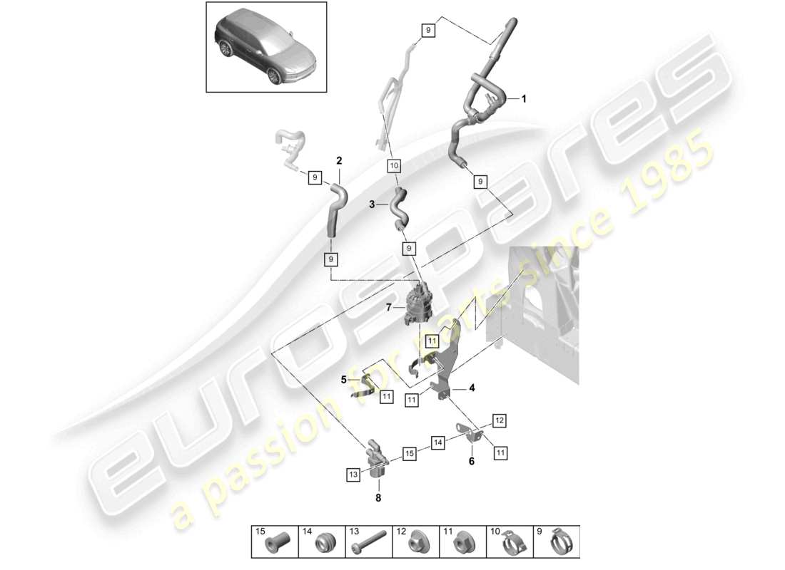 porsche 2020 (cayenne e3 9ya/9yb) heater v6 low-temperature circuit left front for vehicles with hybrid drive part diagram