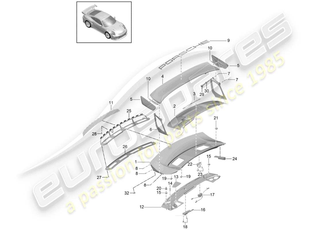 porsche 2015 (991-1 turbo) rear lid rear spoiler accessories part diagram