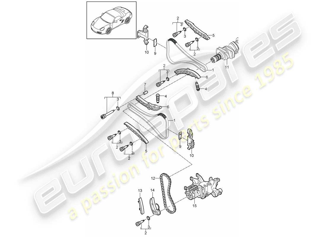 porsche 2010 (987 boxster) camshaft timing chain w/ tension rail parts diagram
