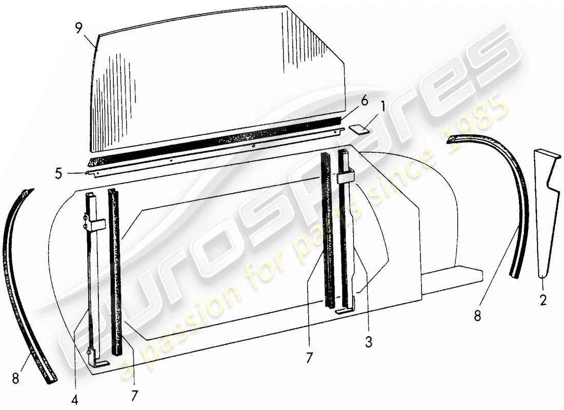 porsche 1956 (356/356a) door window part diagram