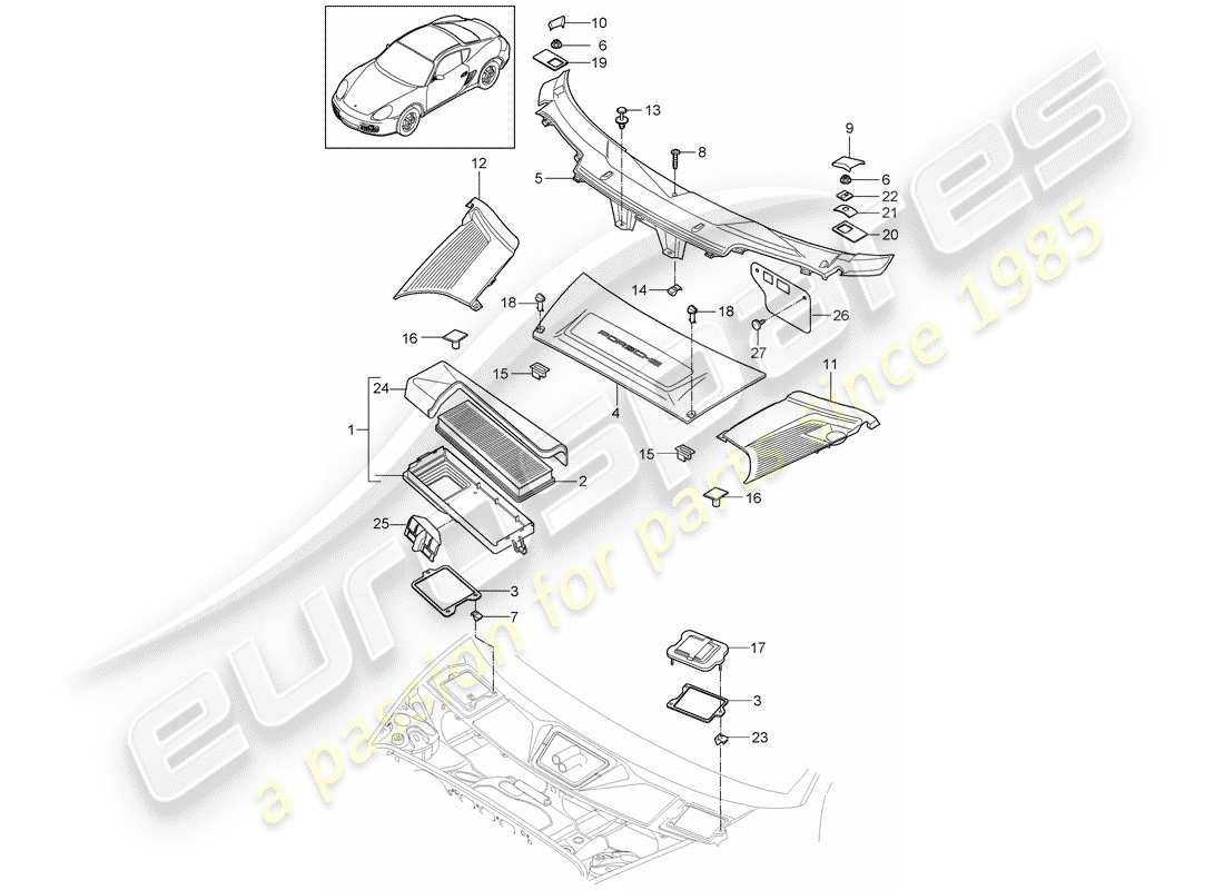 porsche 2008 (987 cayman) particulate filter cover for scuttle part diagram