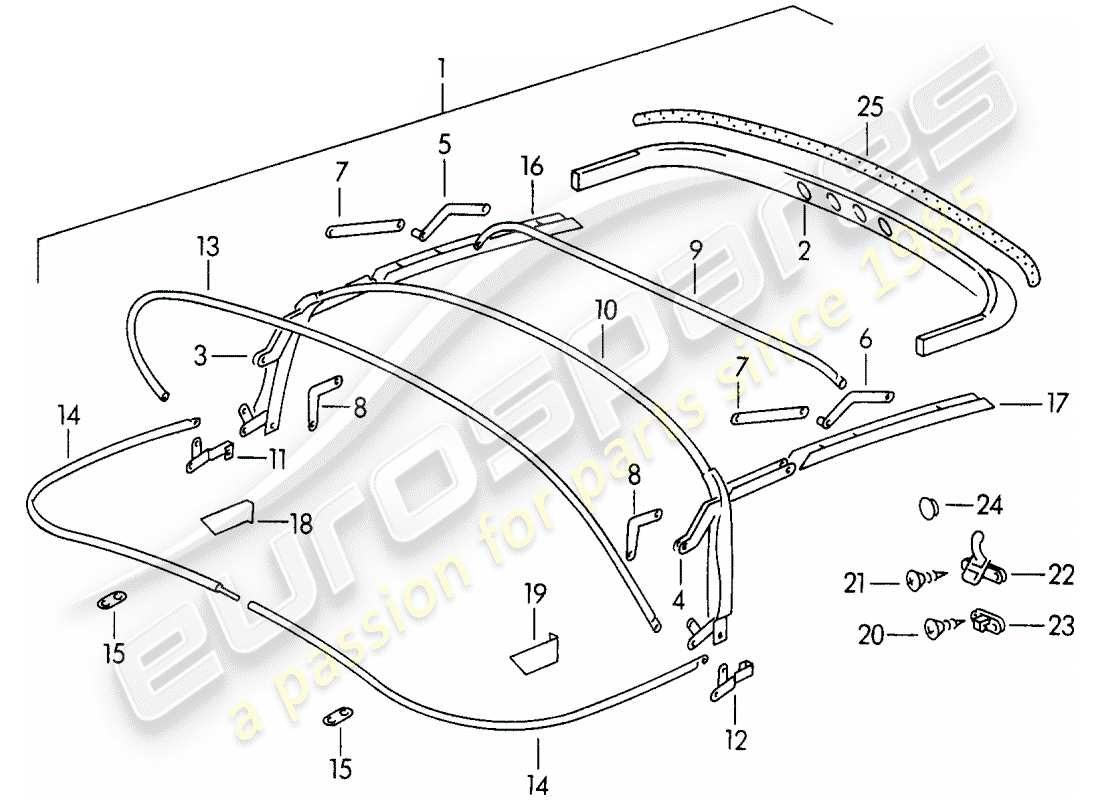 porsche 1959 (356/356a) top frame - tonneau cover part diagram