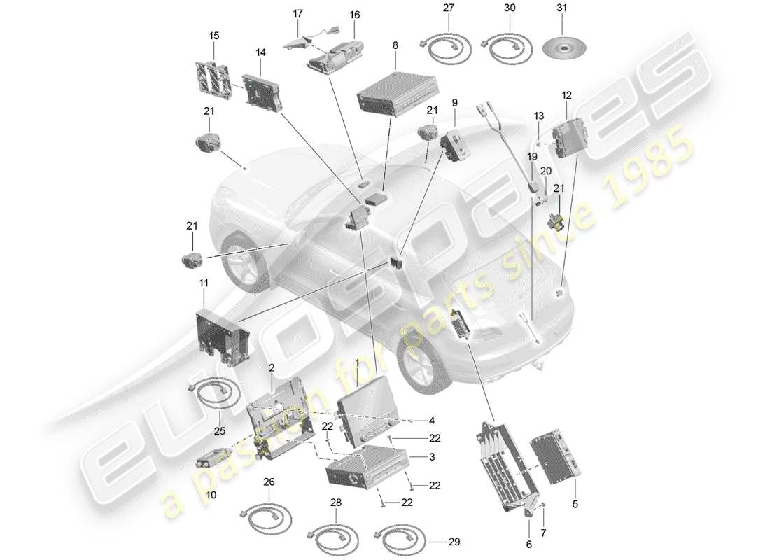 porsche 2015 (macan) display central computer navigation system tv microphone for vehicles with multimedia equipment stowage compartment for mobile camera connecting line d - mj 2017>> part diagram