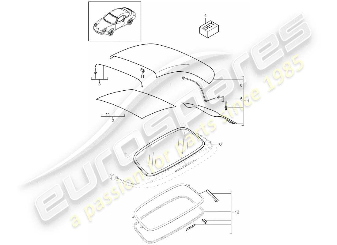 porsche 2011 (997-2) convertible top covering parts diagram