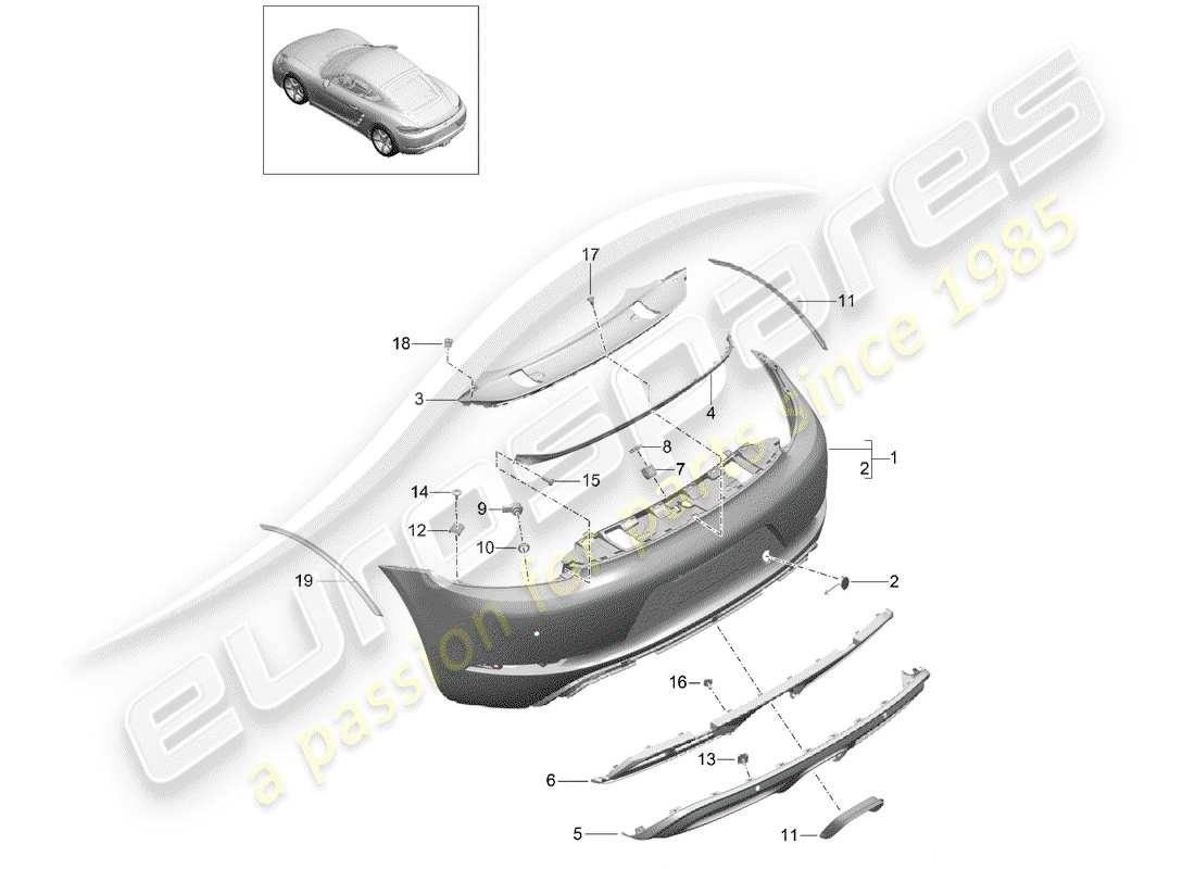 porsche 2020 (718 cayman) bumper rear sport design package and gts part diagram