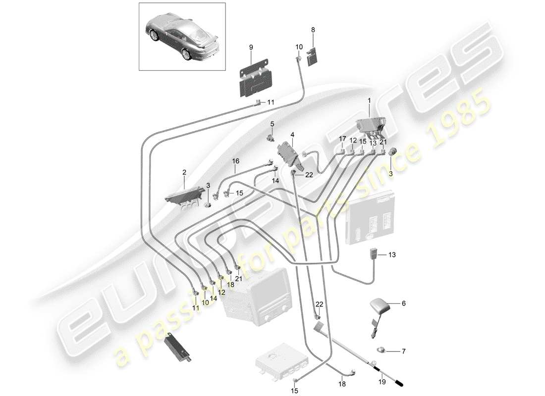 porsche 2016 (991-1 r/gt3/rs) aerial amplifier aerial connecting line d >>- mj 2017 part diagram