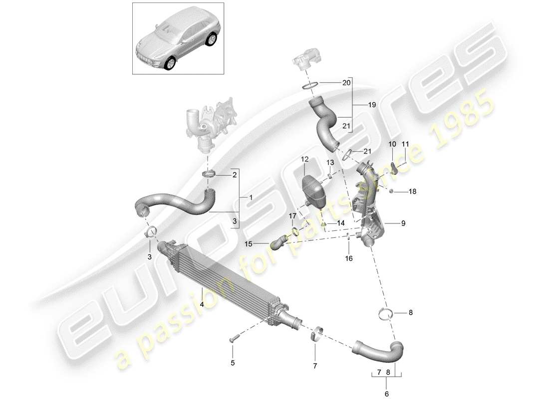 porsche 2017 (macan) charge air cooler pressure pipe part diagram