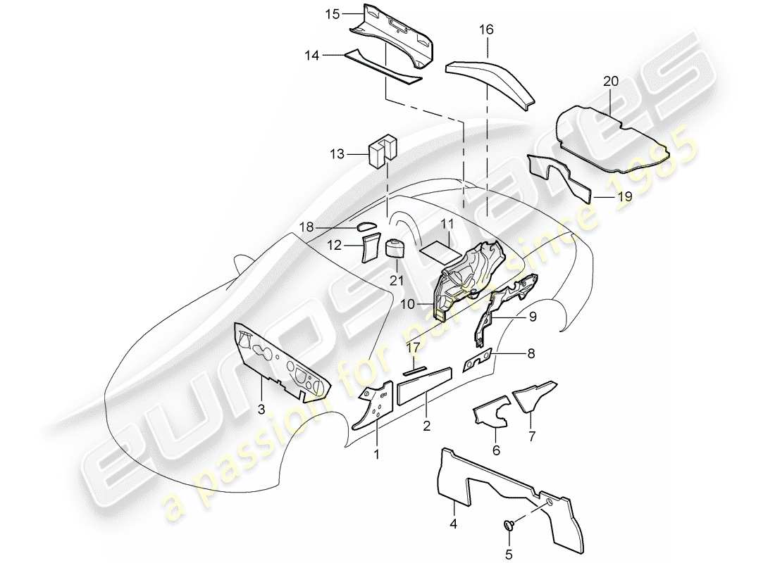 porsche 2011 (987 boxster) body noise insulation parts diagram