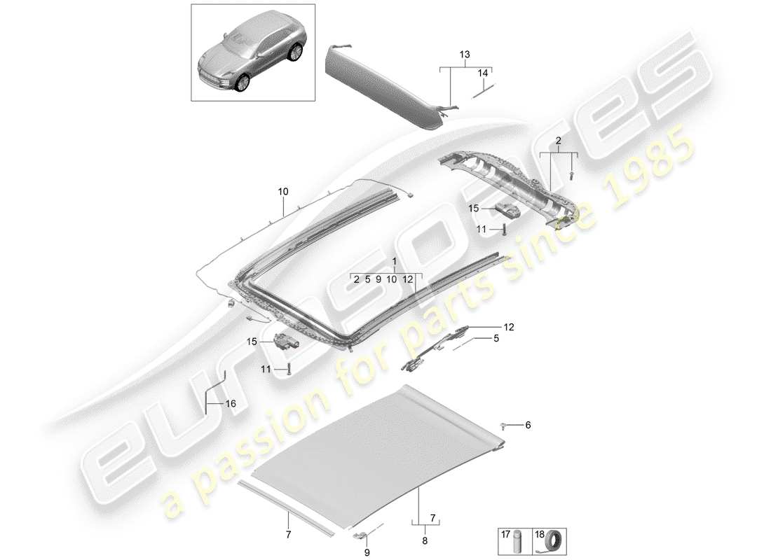 porsche 2020 (macan) glass roof frame accessories parts diagram