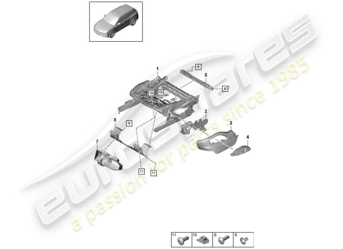 porsche 2020 (cayenne e3 9ya/9yb) seat frame standard seat part diagram