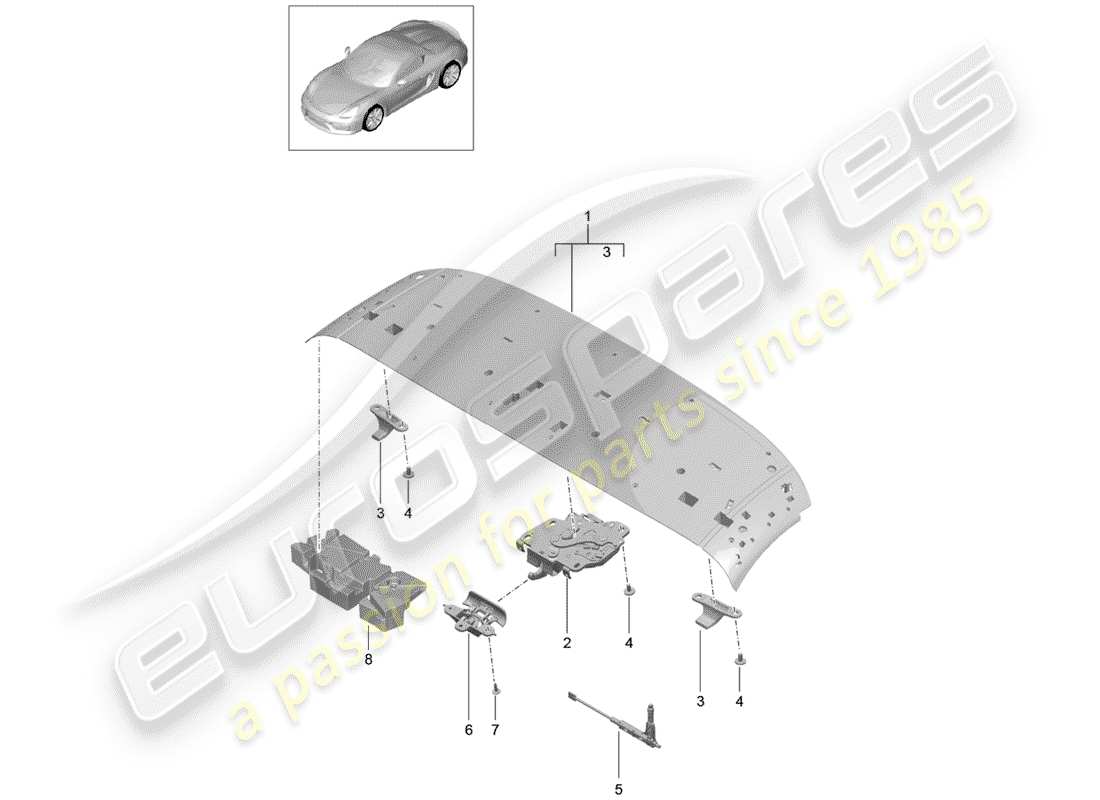 porsche 2016 (981 boxster spyder) top frame front roof frame catch parts diagram