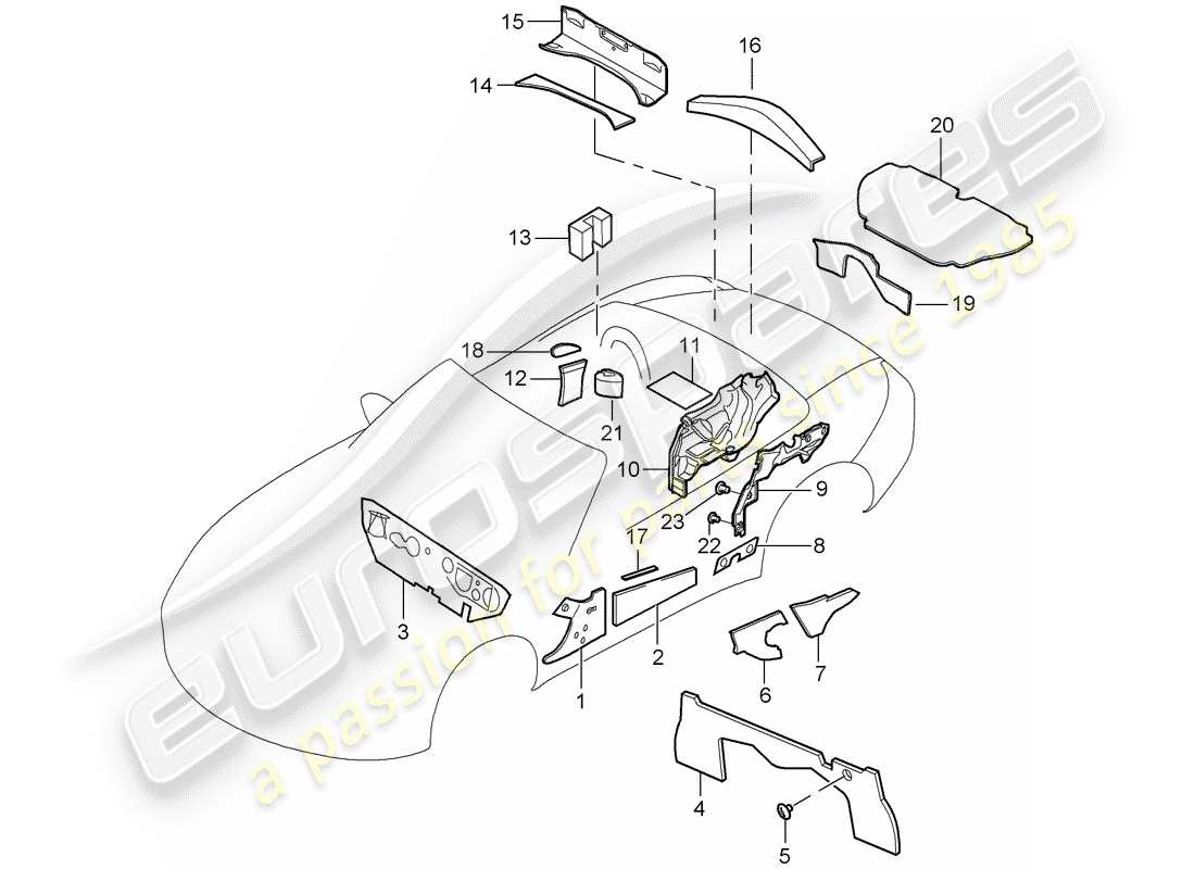 porsche 2005 (987 boxster) body noise insulation parts diagram