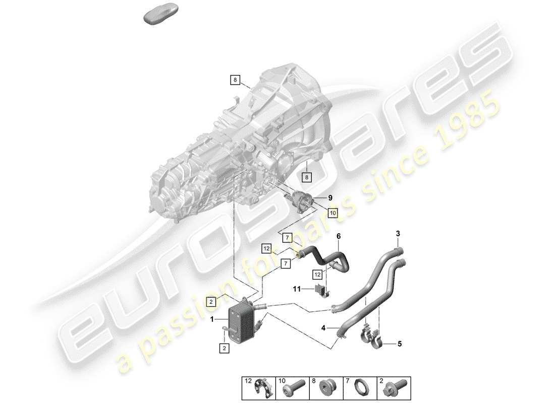 porsche 2020 (718 boxster spyder) manual gearbox heat exchanger oil pipe water pipe parts diagram