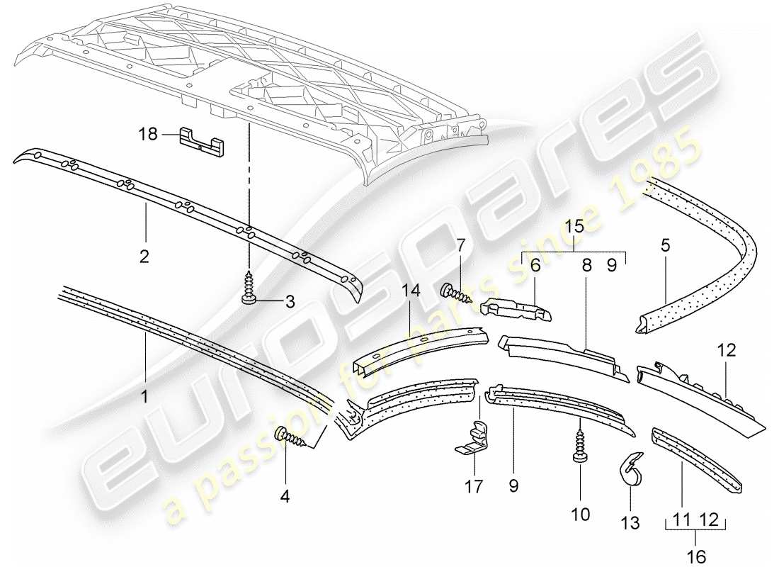 porsche 2008 (997-1) convertible top parts diagram