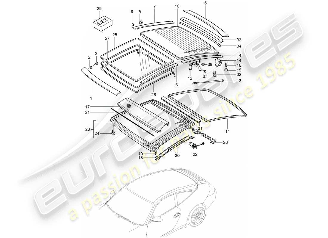 porsche 2010 (997-2) glass roof parts diagram