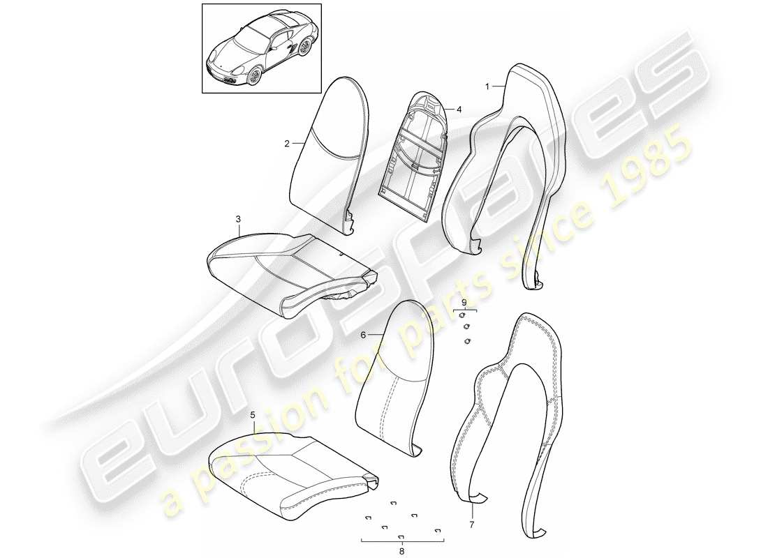 porsche 2012 (987 cayman) foam part seat and backrest cover sports seat part diagram
