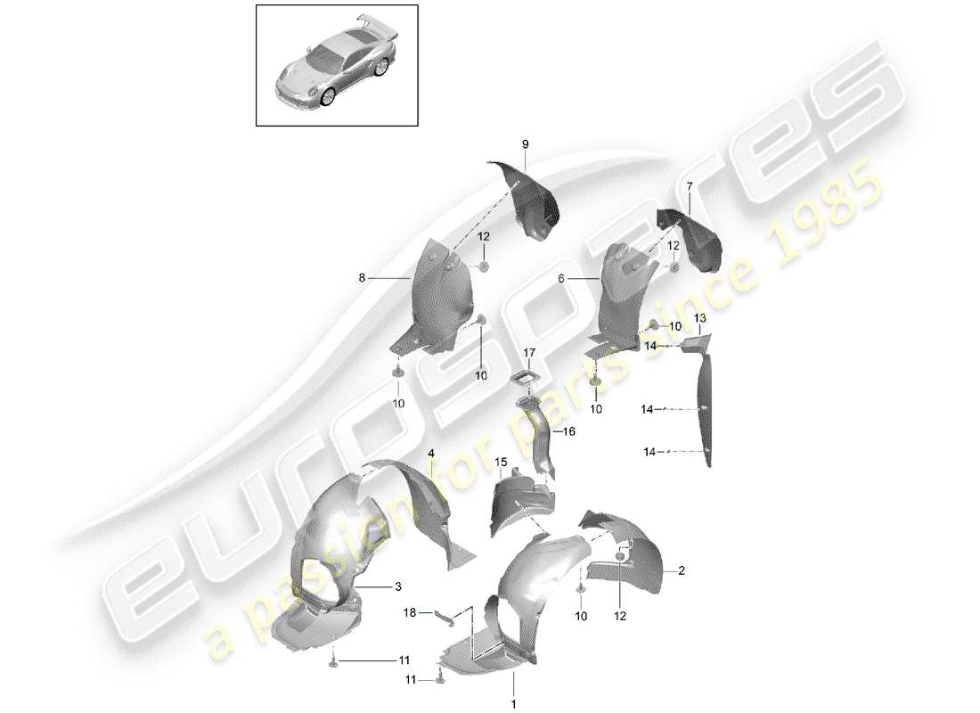 porsche 2016 (991-1 turbo) wheel housing liner trim part diagram