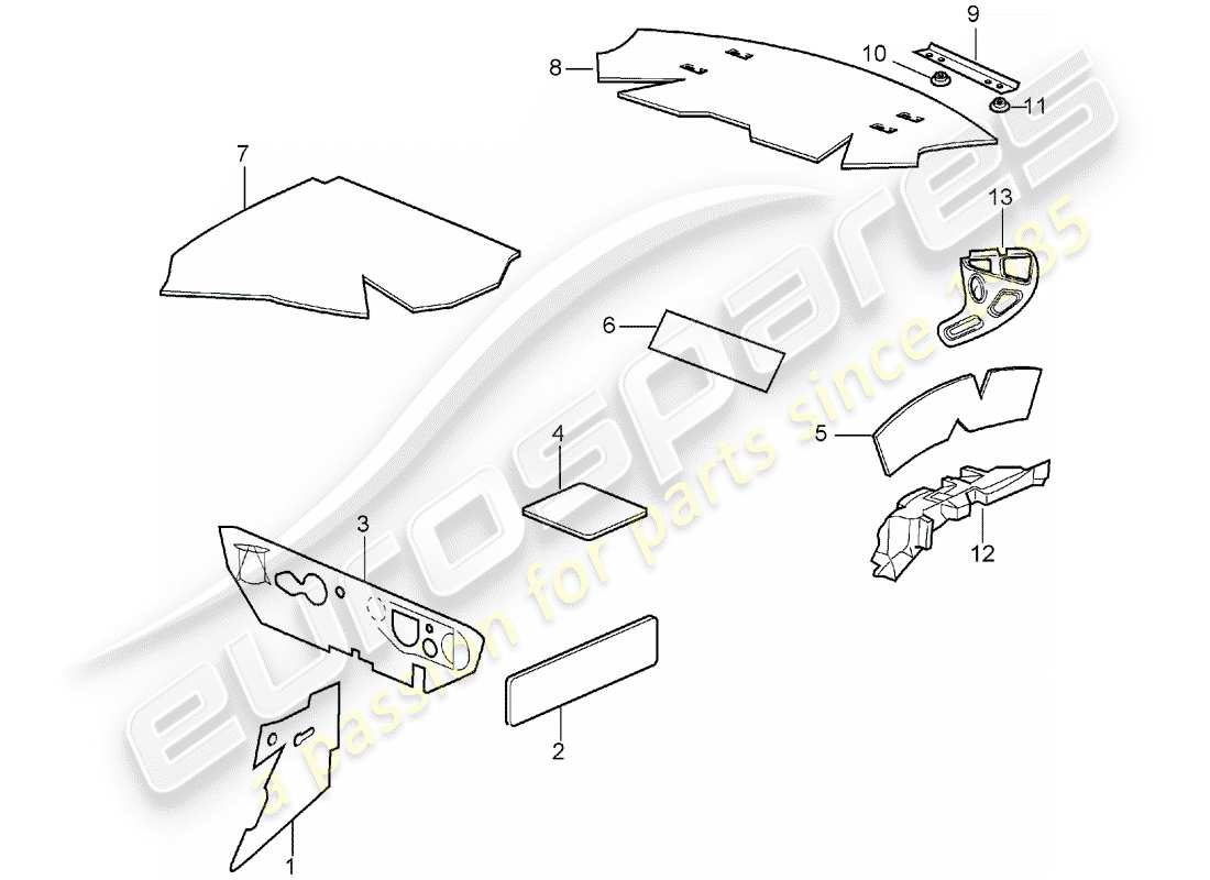 porsche 2000 (996) body shell - sound absorbers part diagram