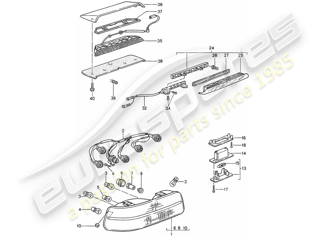 porsche 1995 (968) rear light - license plate light - additional brake light part diagram
