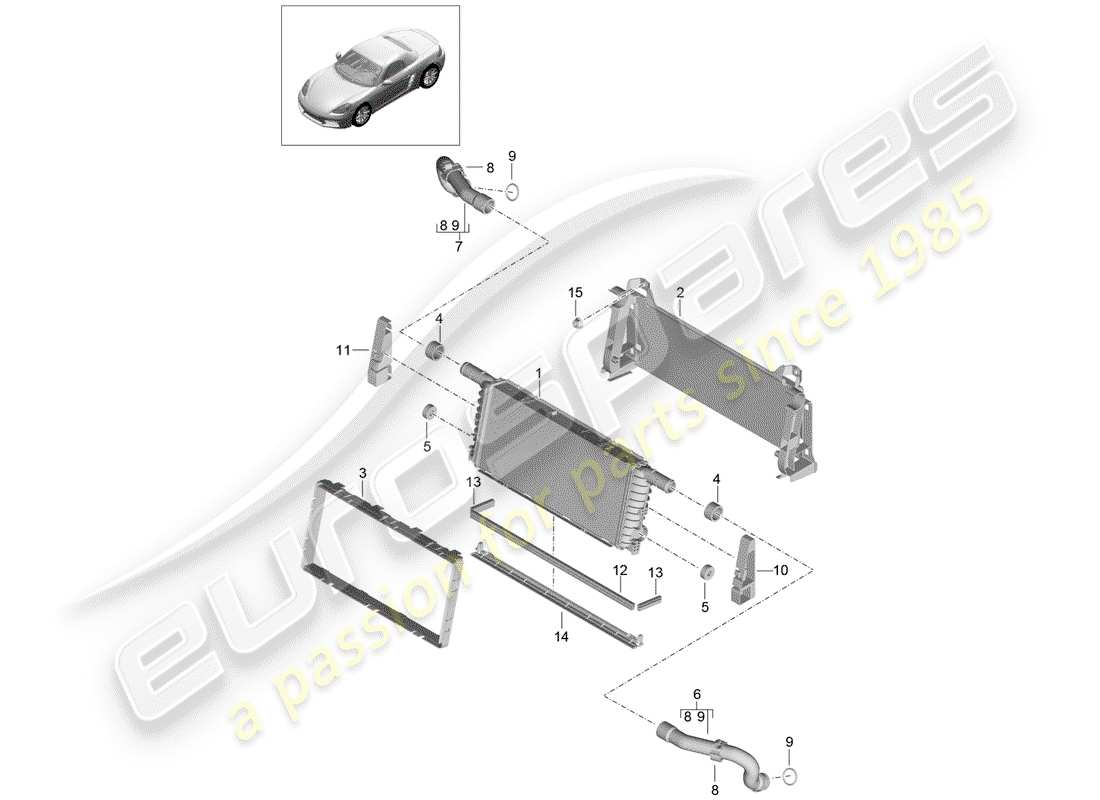 porsche 2019 (718 boxster) cooler for coolant center parts diagram