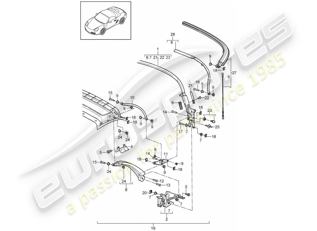 porsche 2008 (987 boxster) top frame individual parts parts diagram