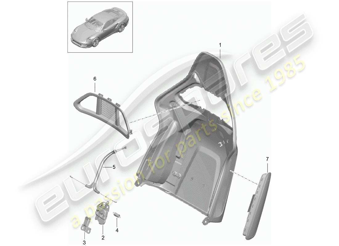 porsche 2014 (991-1 turbo) backrest shell folding bucket seat accessories part diagram