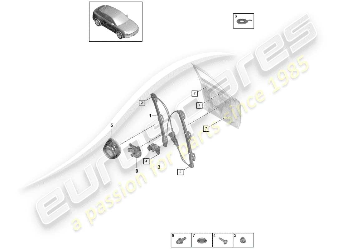 porsche 2018 (cayenne e3 9ya/9yb) window regulator front assembly carrier parts diagram