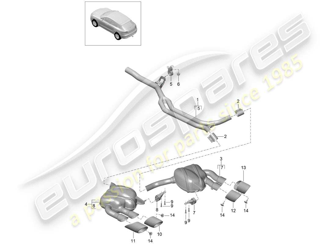 porsche 2016 (macan) exhaust system front silencer rear silencer part diagram