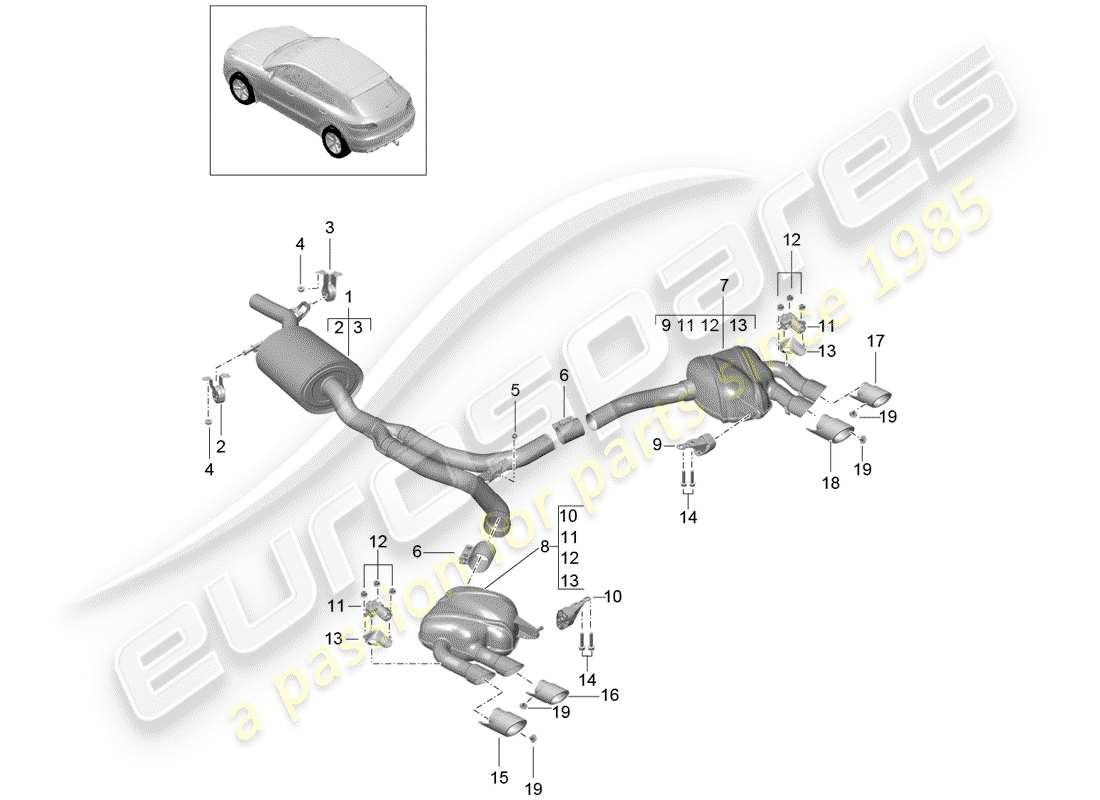 porsche 2016 (macan) exhaust system sport version front silencer rear silencer part diagram