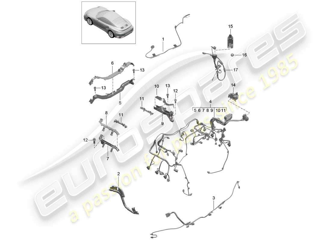 porsche 2014 (991-1 turbo) wiring looms rear assembly frame additional brake light trim engine rear axle d - mj 2017>> part diagram