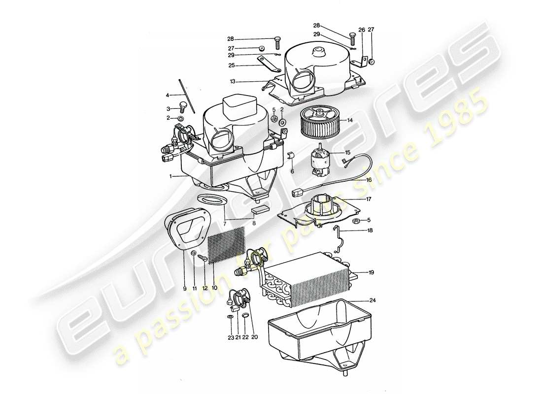 porsche 1975 (911 turbo) air conditioner - evaporator - evaporator housing - accessories part diagram