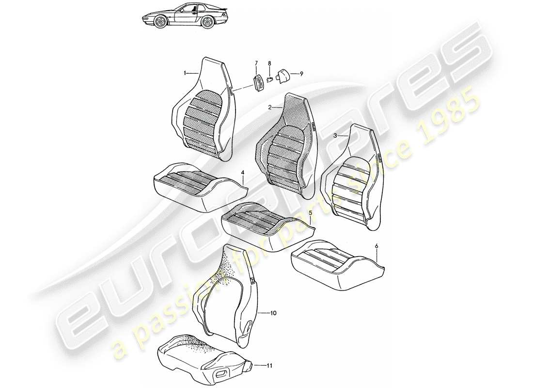 a part diagram from the porsche 1987 (seats for 944/968/911/928) parts catalogue