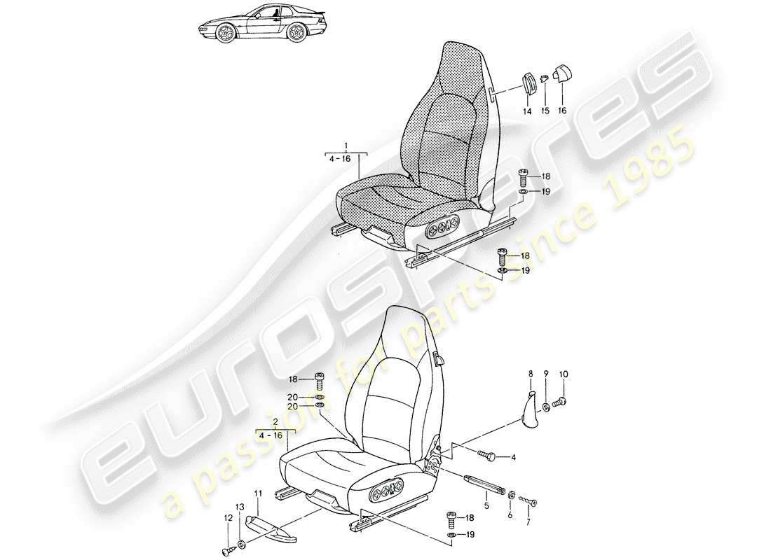 a part diagram from the porsche 1985 (seats for 944/968/911/928) parts catalogue